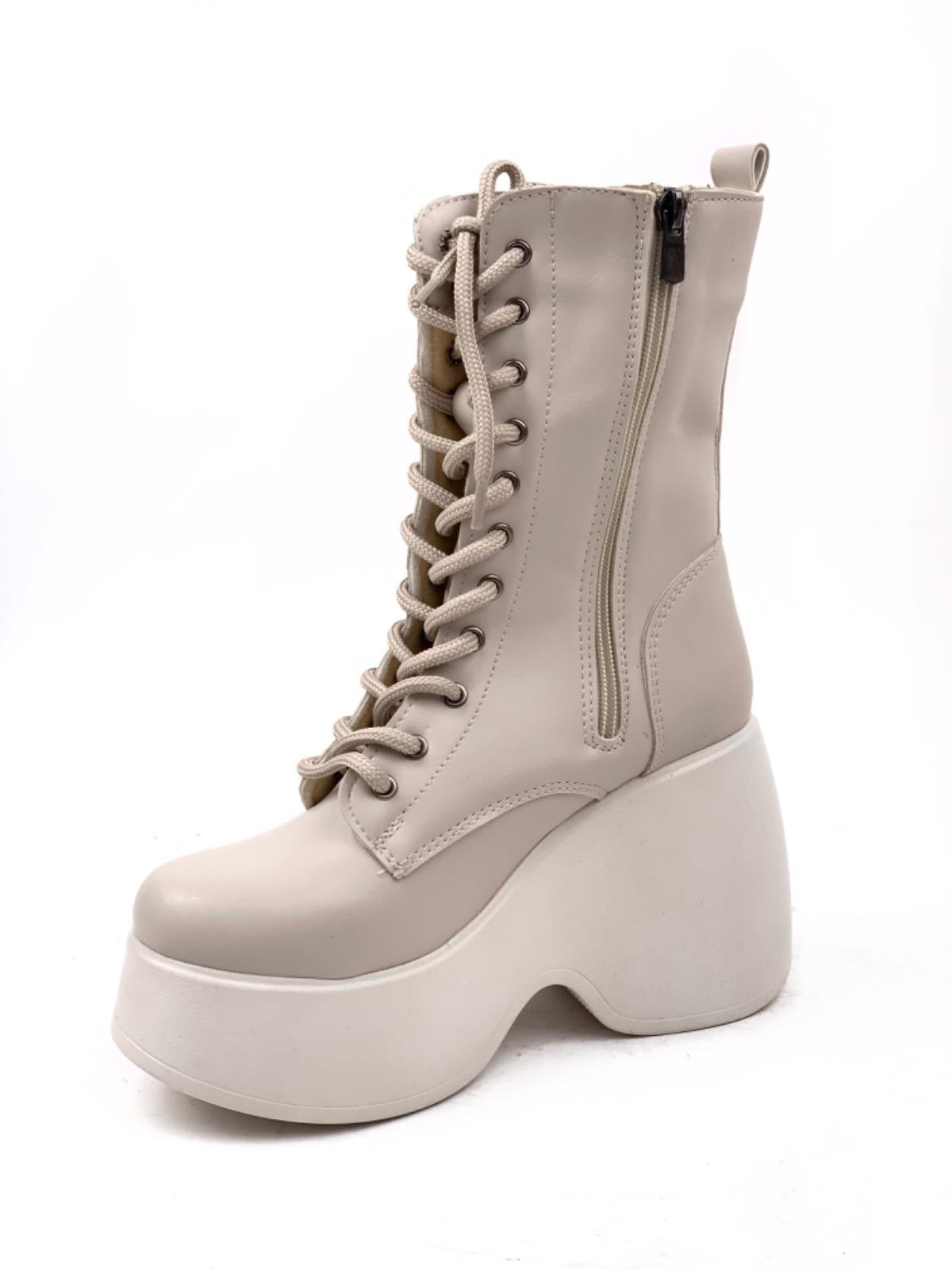 Women's Beige Karr Skin Faux Leather Padding High Sole Boots - STREETMODE™
