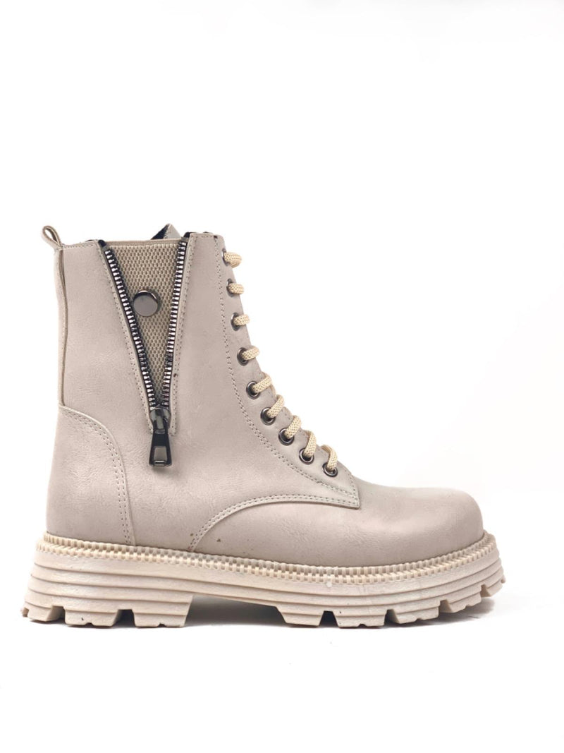 Women's Beige Kasn Zippered Lace-Up Boots - STREETMODE™