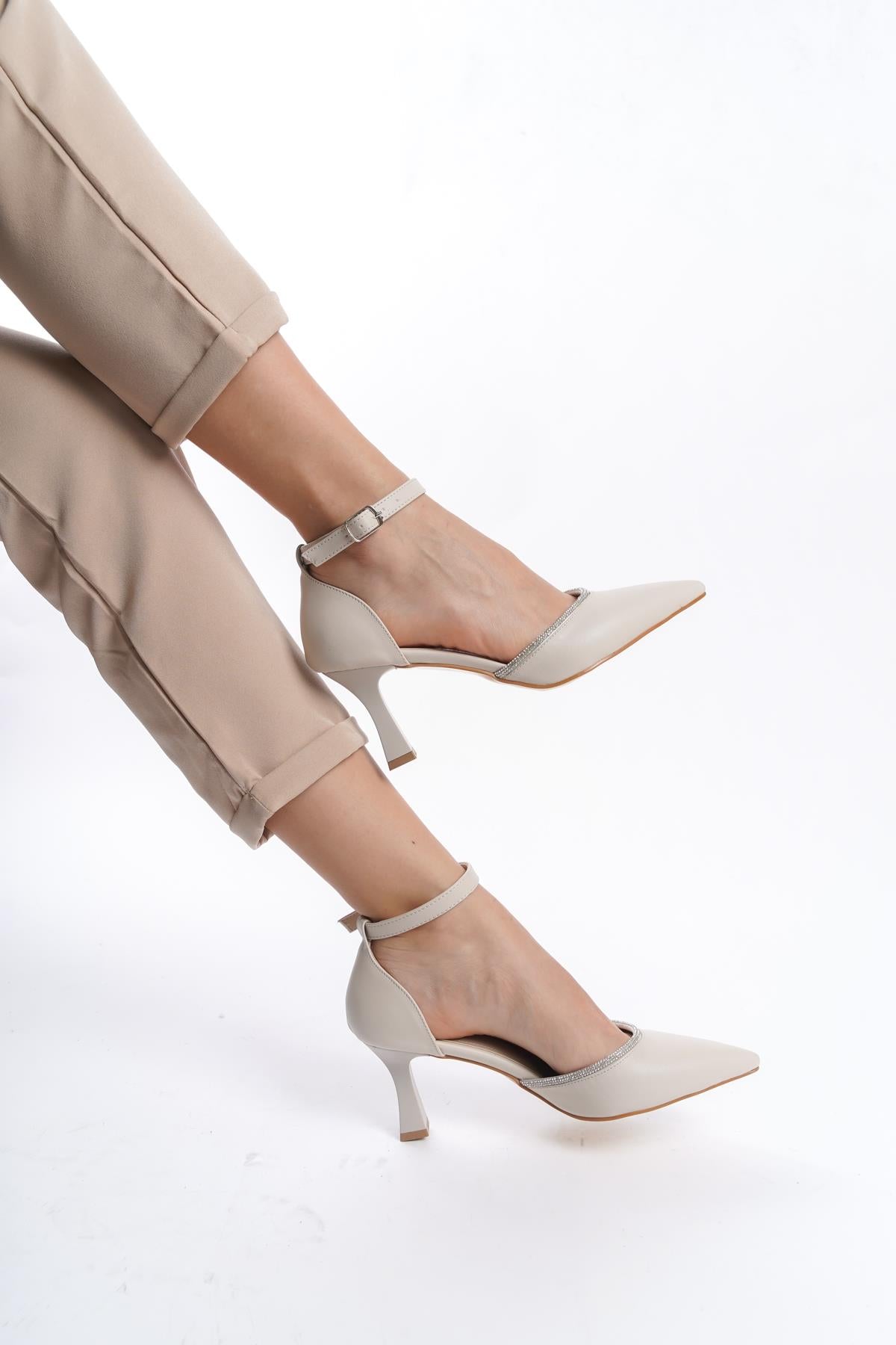 Women's Beige Kenm Siciri Toe Thin Heel Stone Detailed Daily Evening Shoes - STREETMODE™