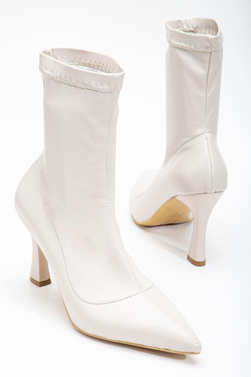 Women's Beige Leather Ankle Mid Heel Boots - STREETMODE™