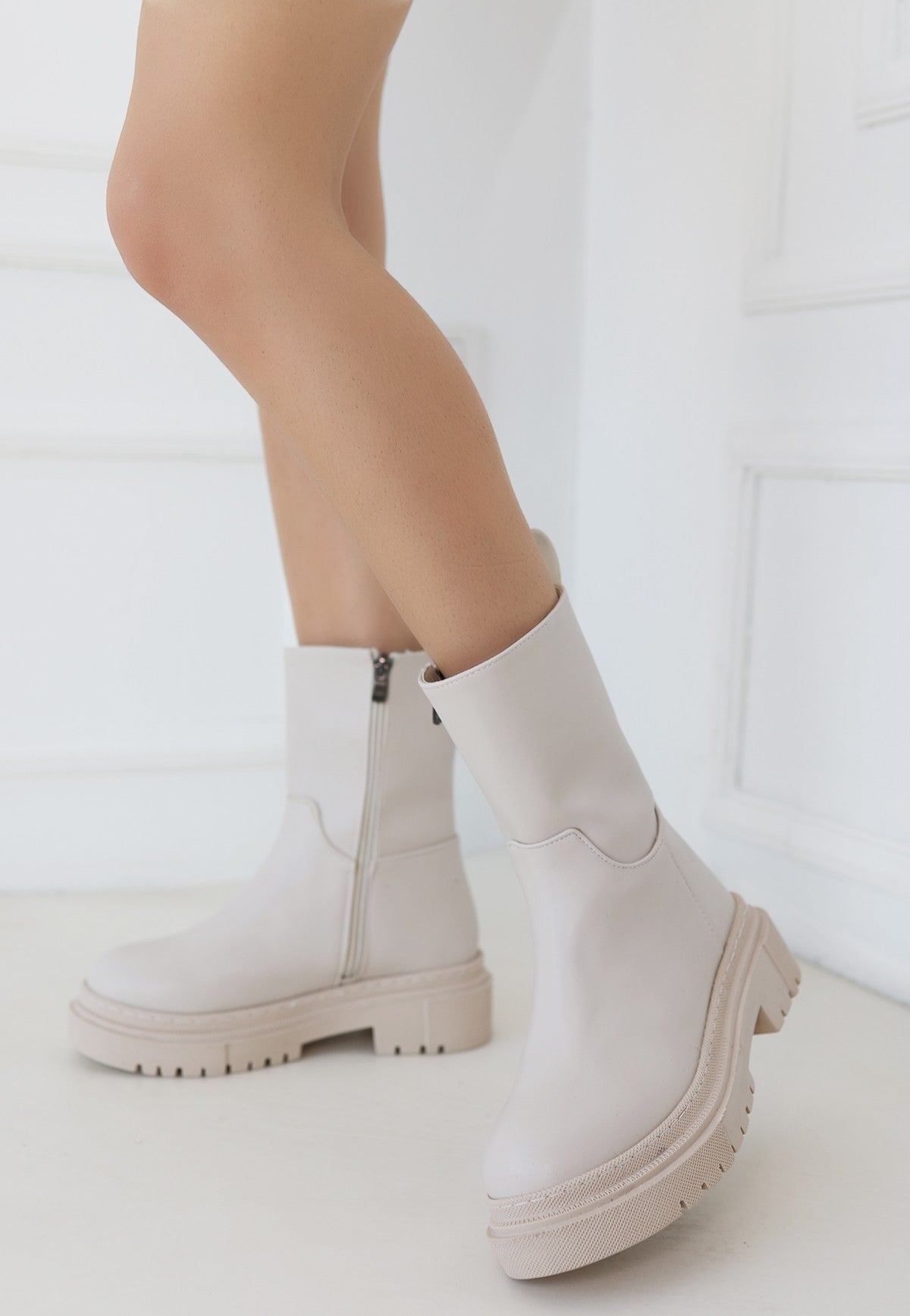 Women's Beige Leather Heeled Boots - STREETMODE™