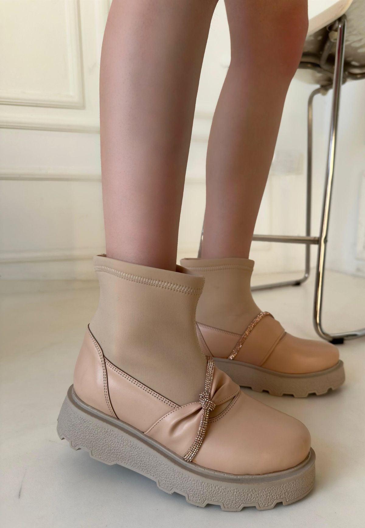 Women's Beige Leather Heeled Boots - STREETMODE™