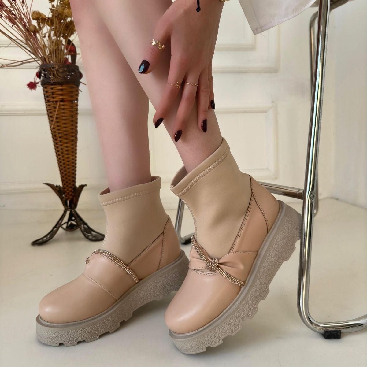 Women's Beige Leather Heeled Boots - STREETMODE™