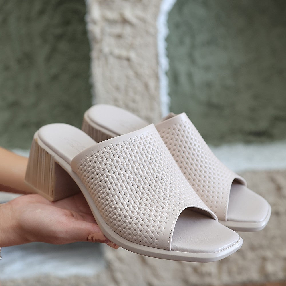 Women's Beige Leather Heeled Slippers - STREETMODE™