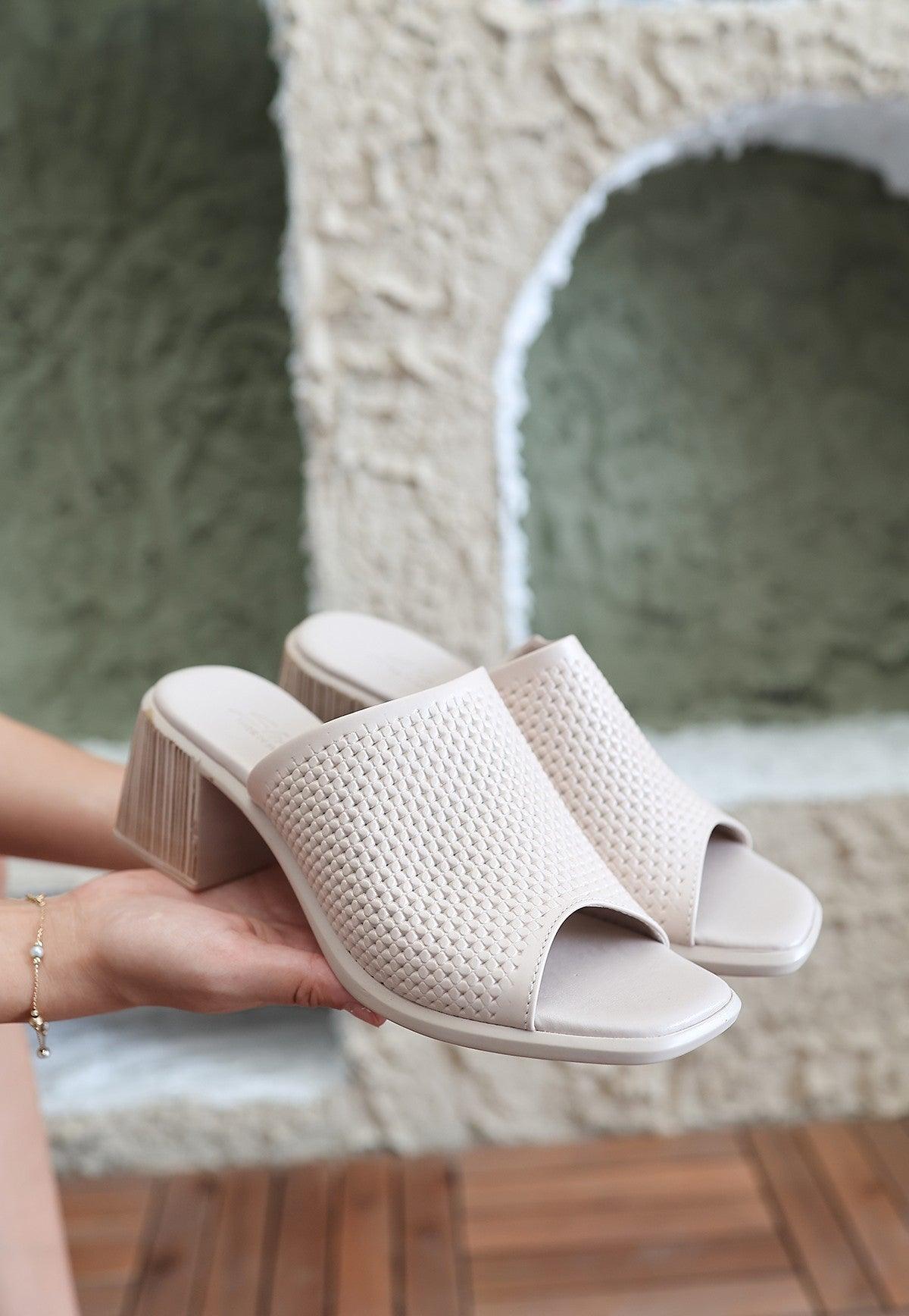 Women's Beige Leather Heeled Slippers - STREETMODE™