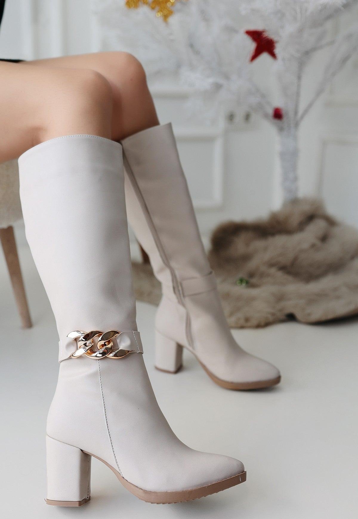 Women's Beige Leather High Heel Boots - STREETMODE™