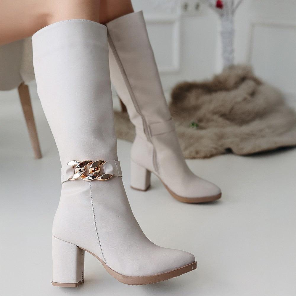 Women's Beige Leather High Heel Boots - STREETMODE™