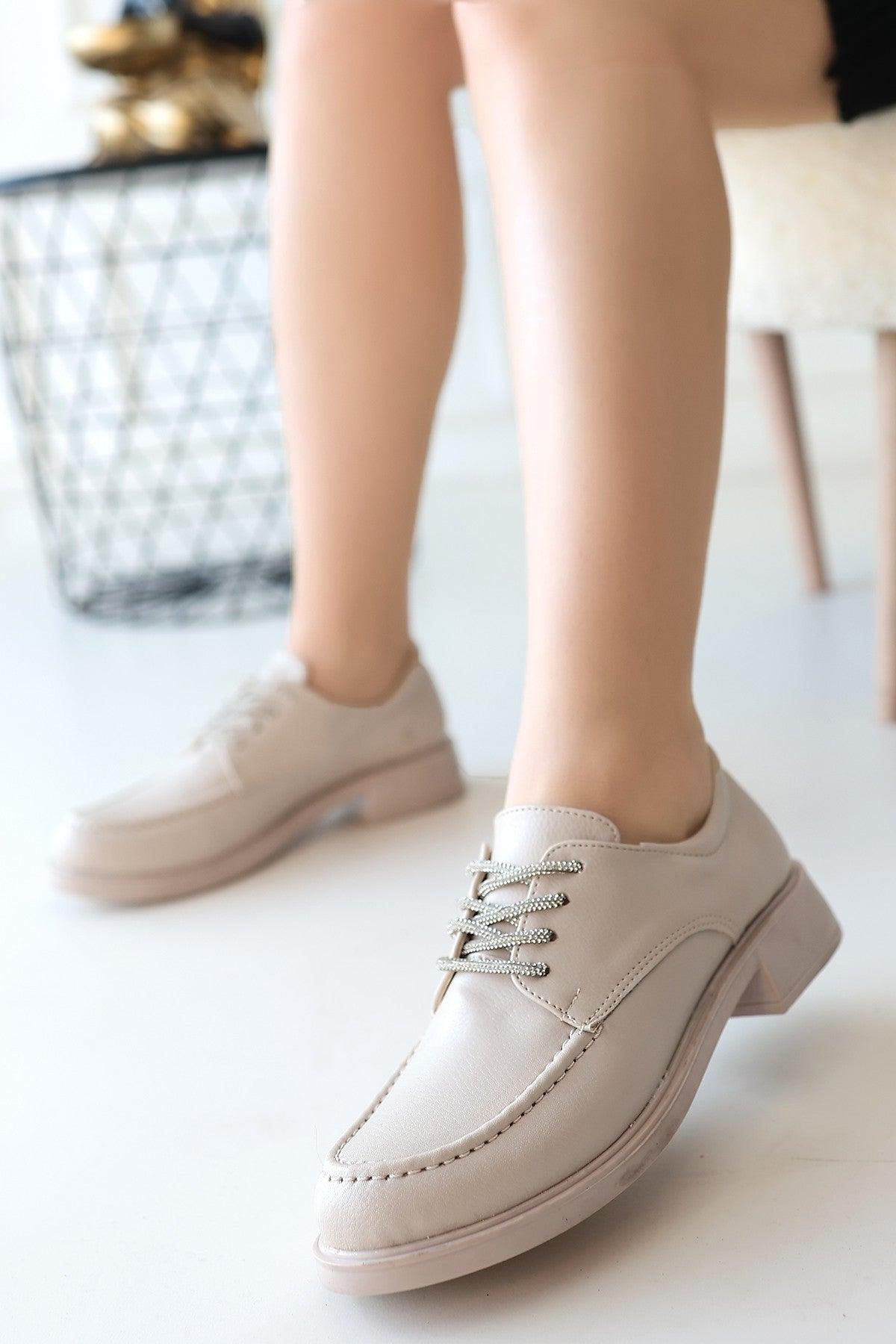 Women's Beige Leather Lace-Up Ballerina Shoes - STREETMODE™