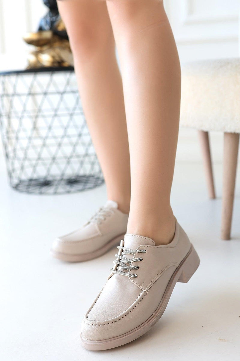 Women's Beige Leather Lace-Up Ballerina Shoes - STREETMODE™