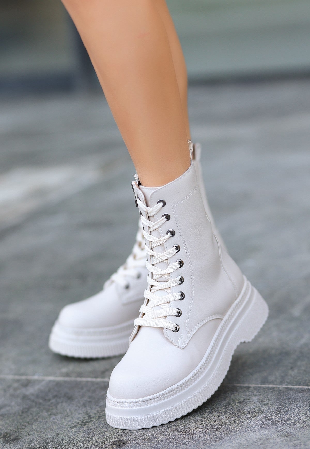 Women's Beige Leather Lace-Up Boots - STREETMODE™