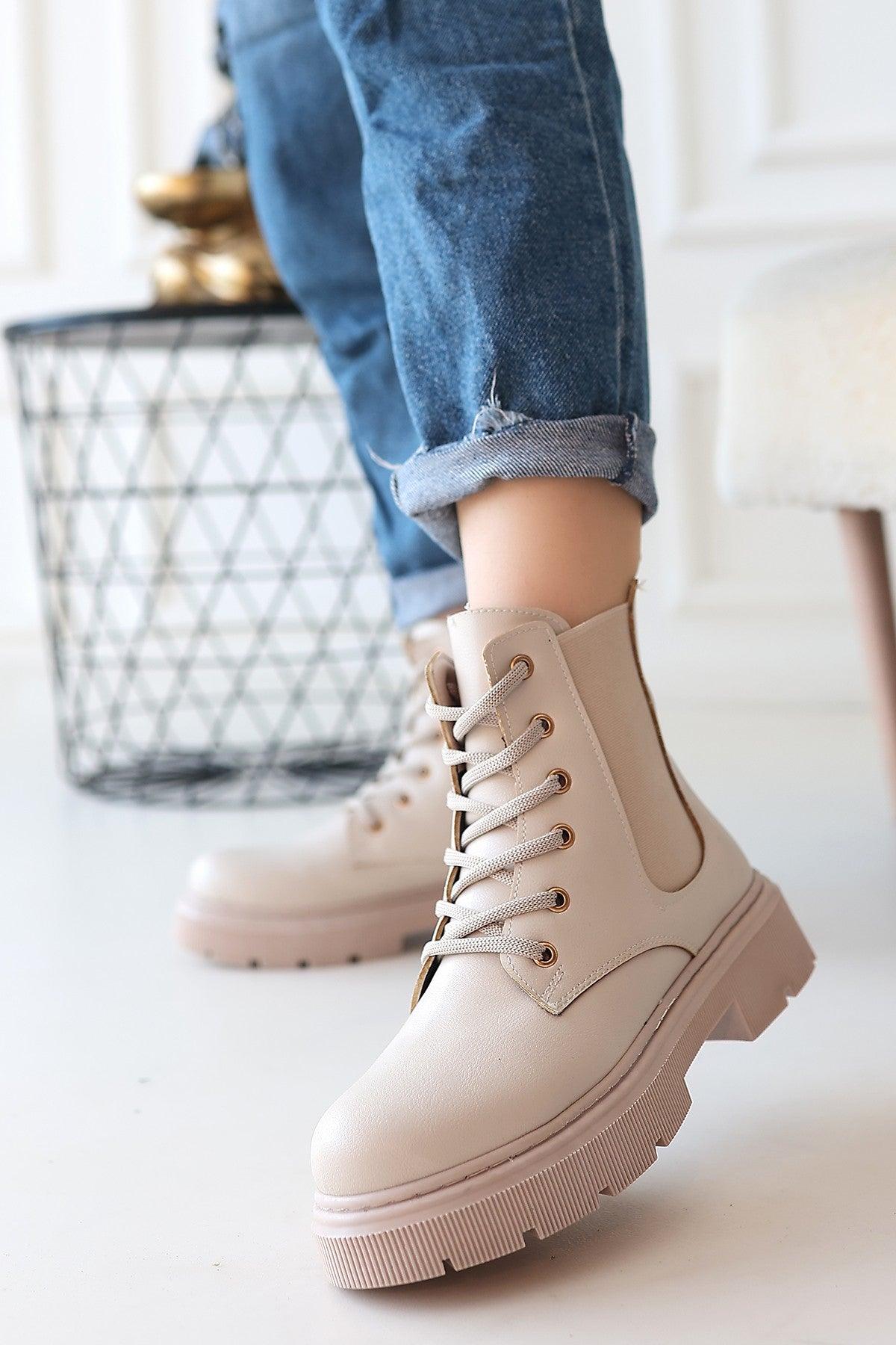 Women's Beige Leather Lace-Up Boots - STREETMODE™