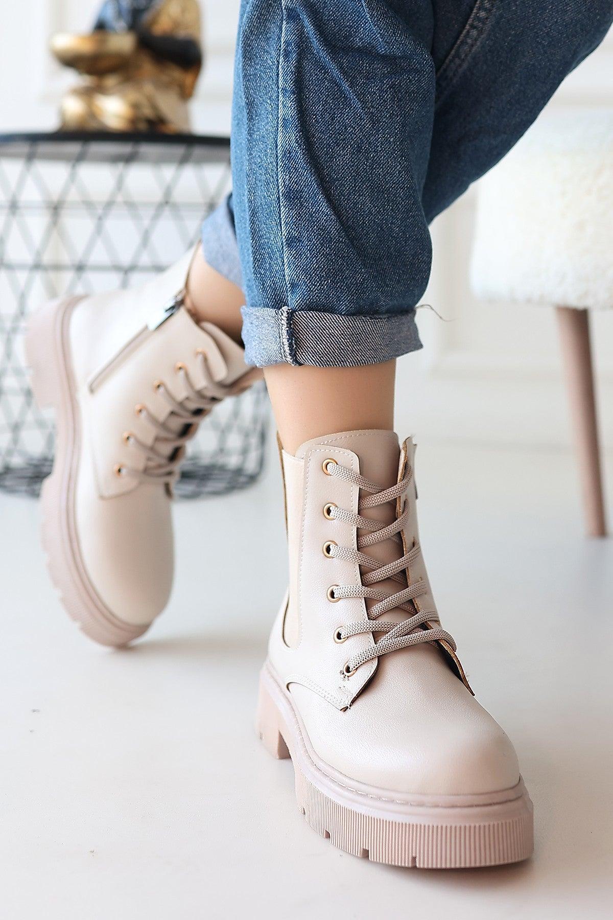 Women's Beige Leather Lace-Up Boots - STREETMODE™