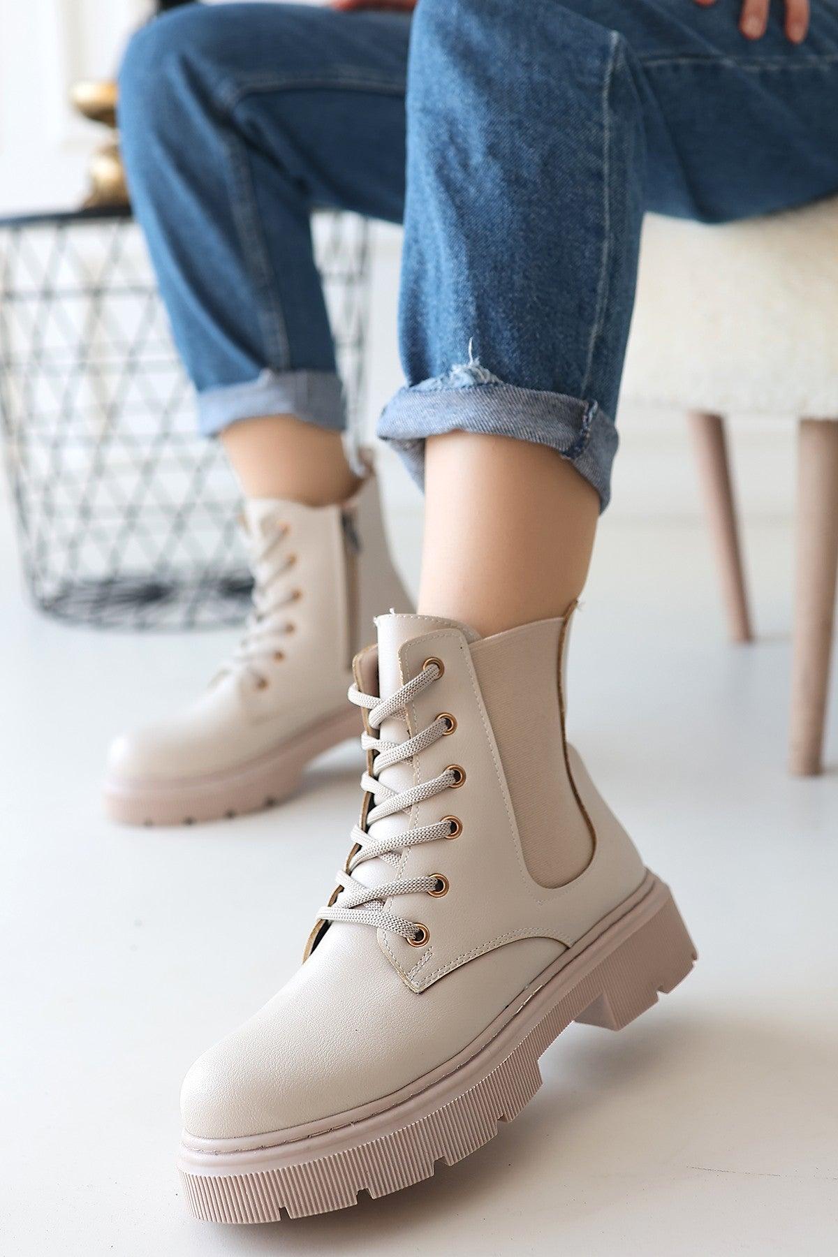 Women's Beige Leather Lace-Up Boots - STREETMODE™