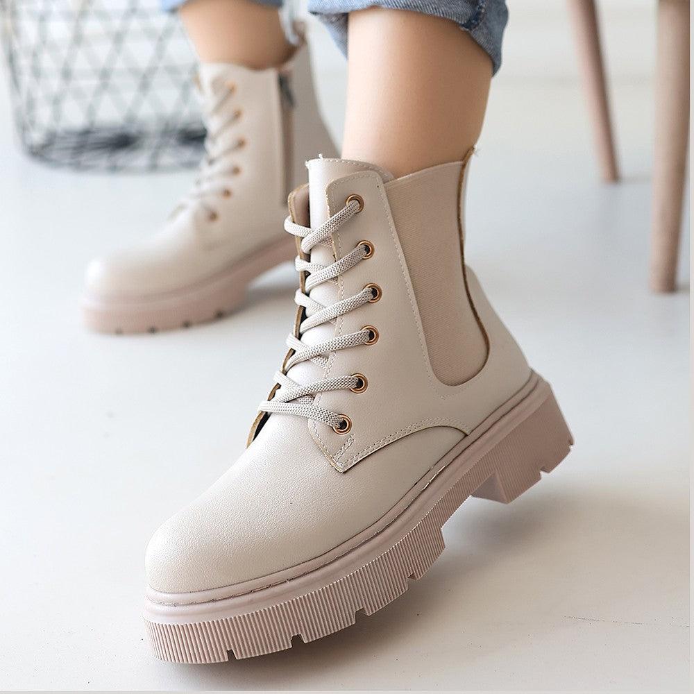 Women's Beige Leather Lace-Up Boots - STREETMODE™