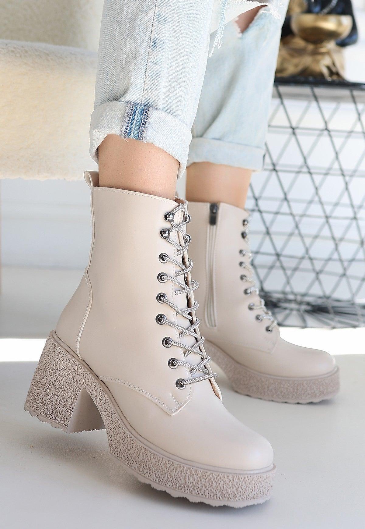 Women's Beige Leather Lace-Up Boots - STREETMODE™