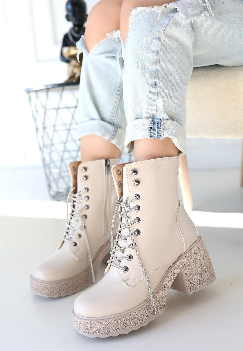 Women's Beige Leather Lace-Up Boots - STREETMODE™