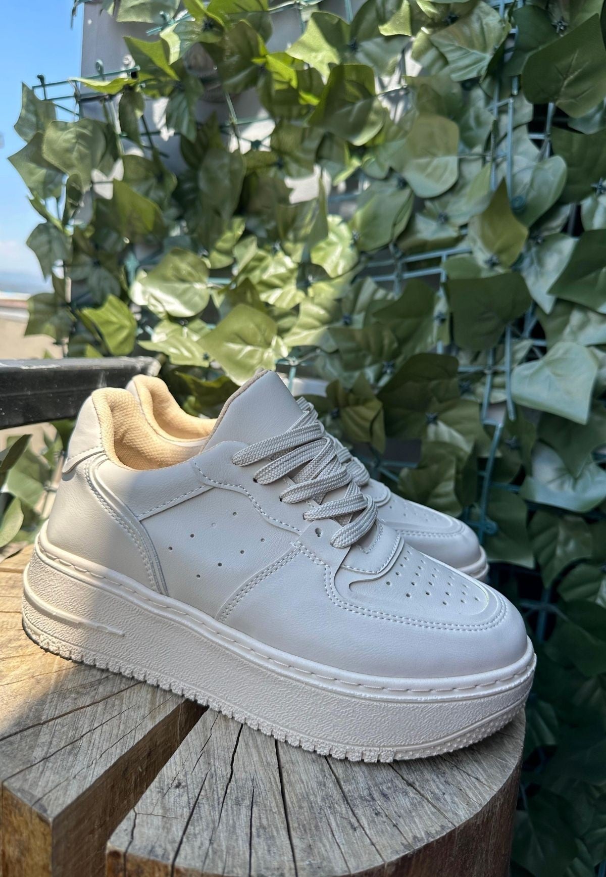 Women's Beige Leather Lace-up Sneakers - STREETMODE™