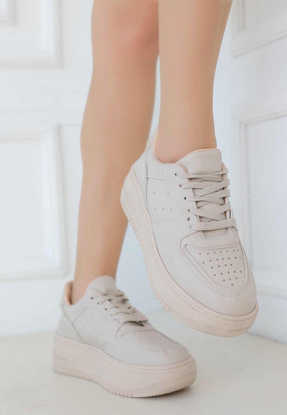 Women's Beige Leather Lace-up Sneakers - STREETMODE™