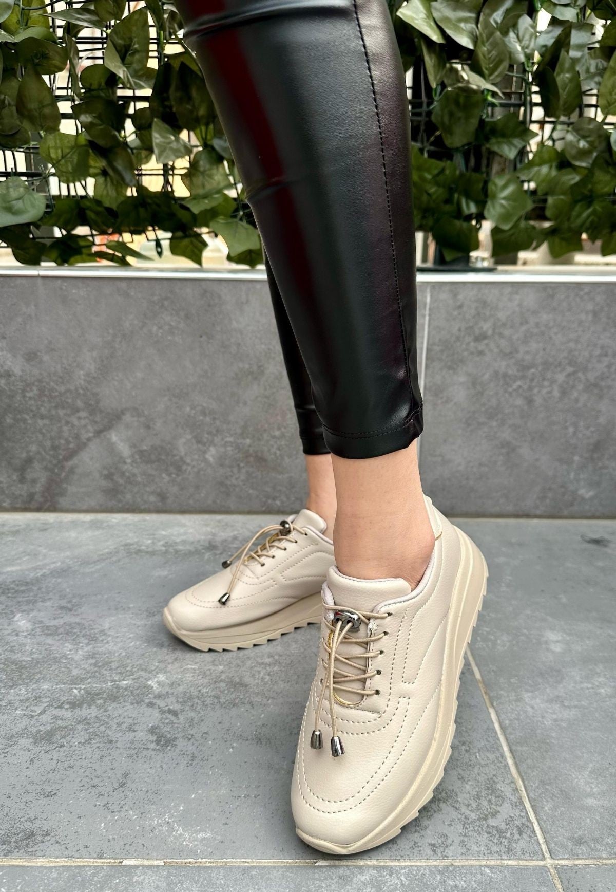 Women's Beige Leather Lace-Up Sneakers Shoes - STREETMODE™
