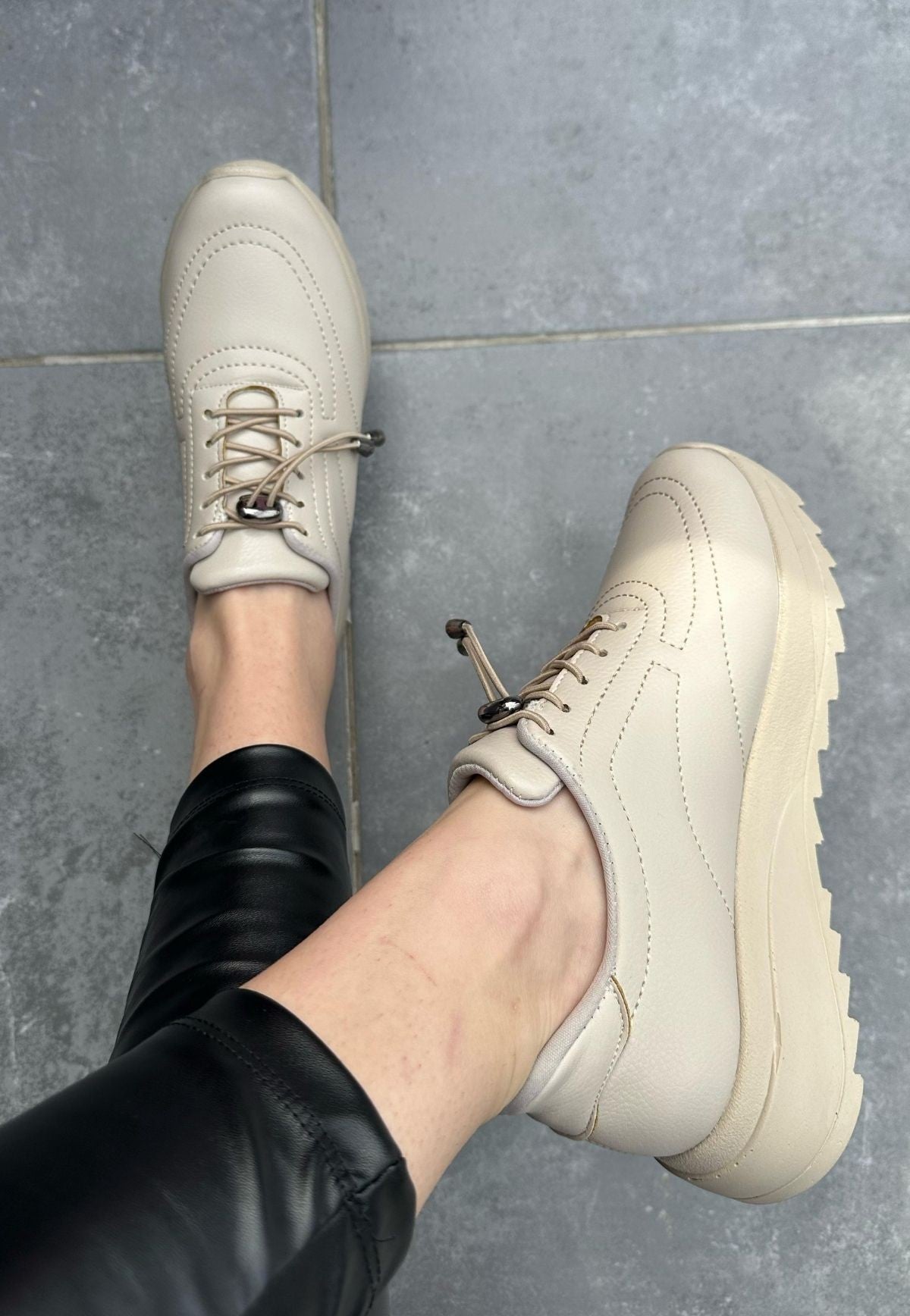 Women's Beige Leather Lace-Up Sneakers Shoes - STREETMODE™