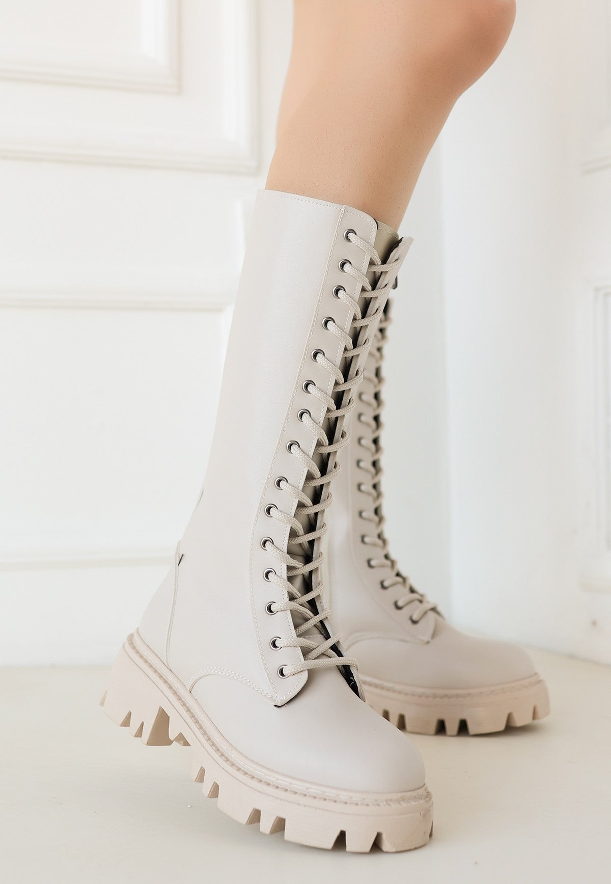 Women's Beige Leather Laced Boots - STREETMODE™