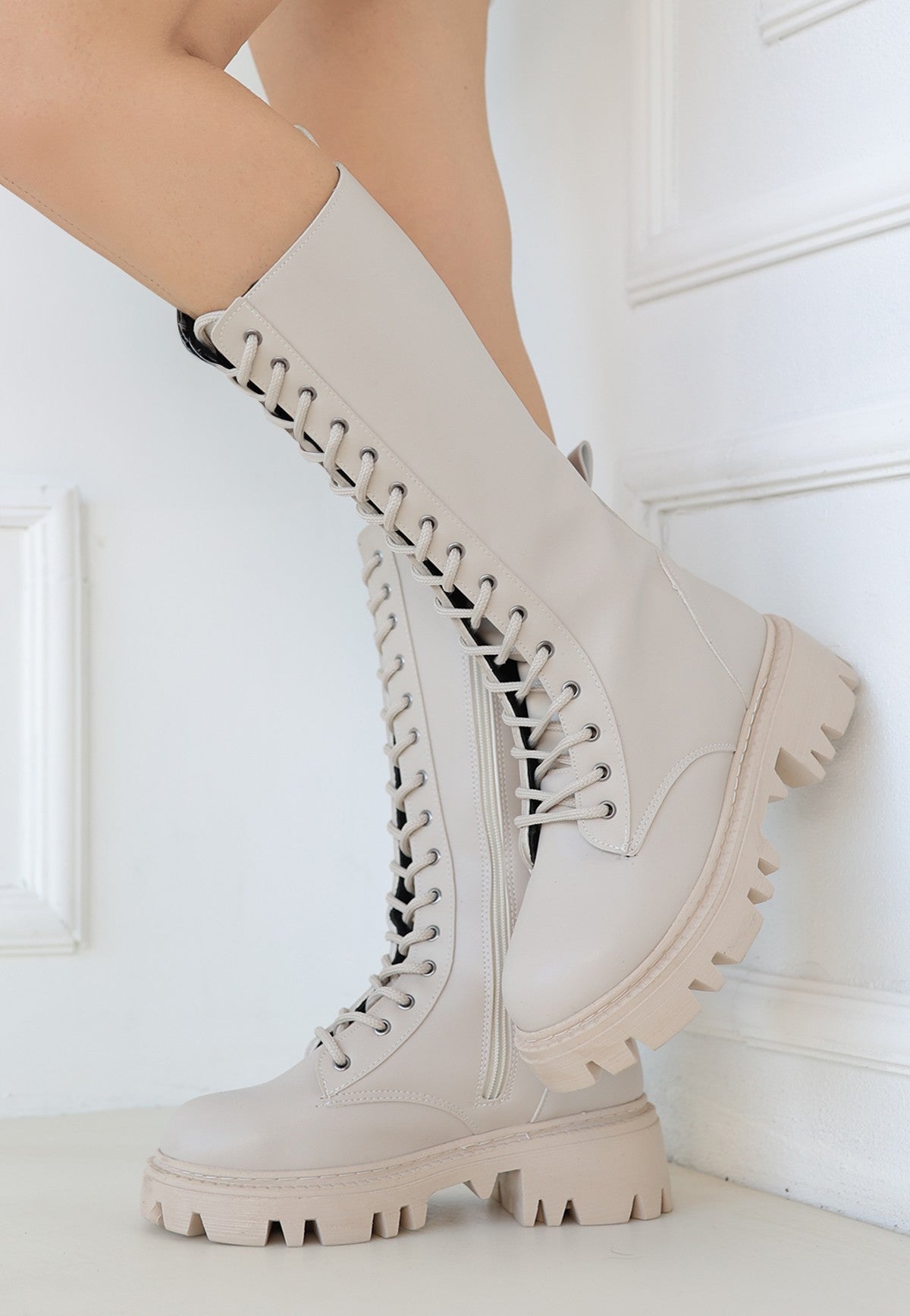 Women's Beige Leather Laced Boots - STREETMODE™