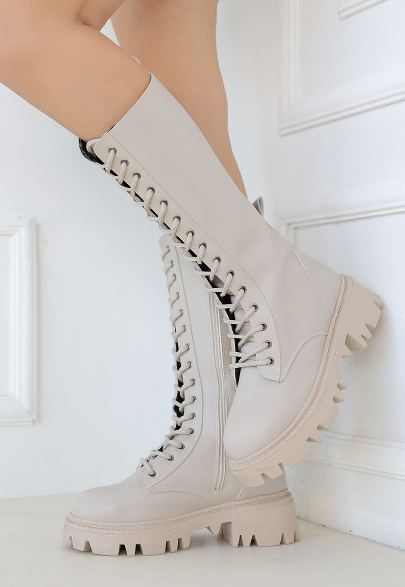 Women's Beige Leather Laced Boots - STREETMODE™