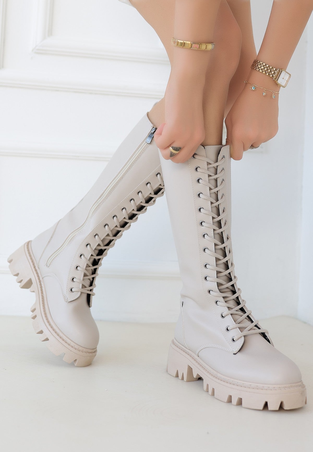 Women's Beige Leather Laced Boots - STREETMODE™