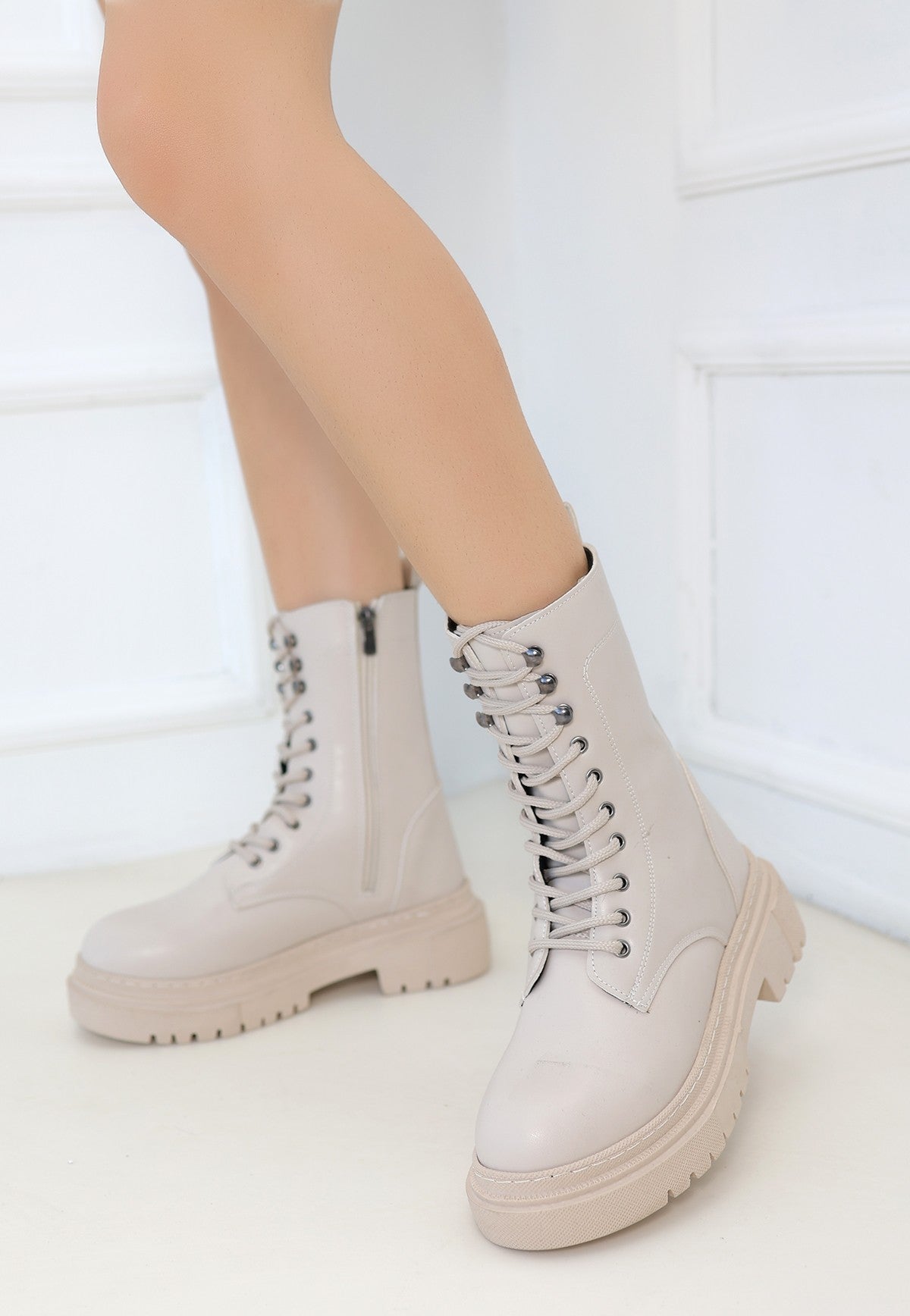 Women's Beige Leather Laced Boots - STREETMODE™