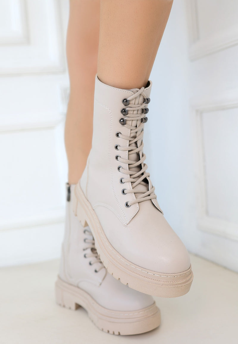 Women's Beige Leather Laced Boots - STREETMODE™