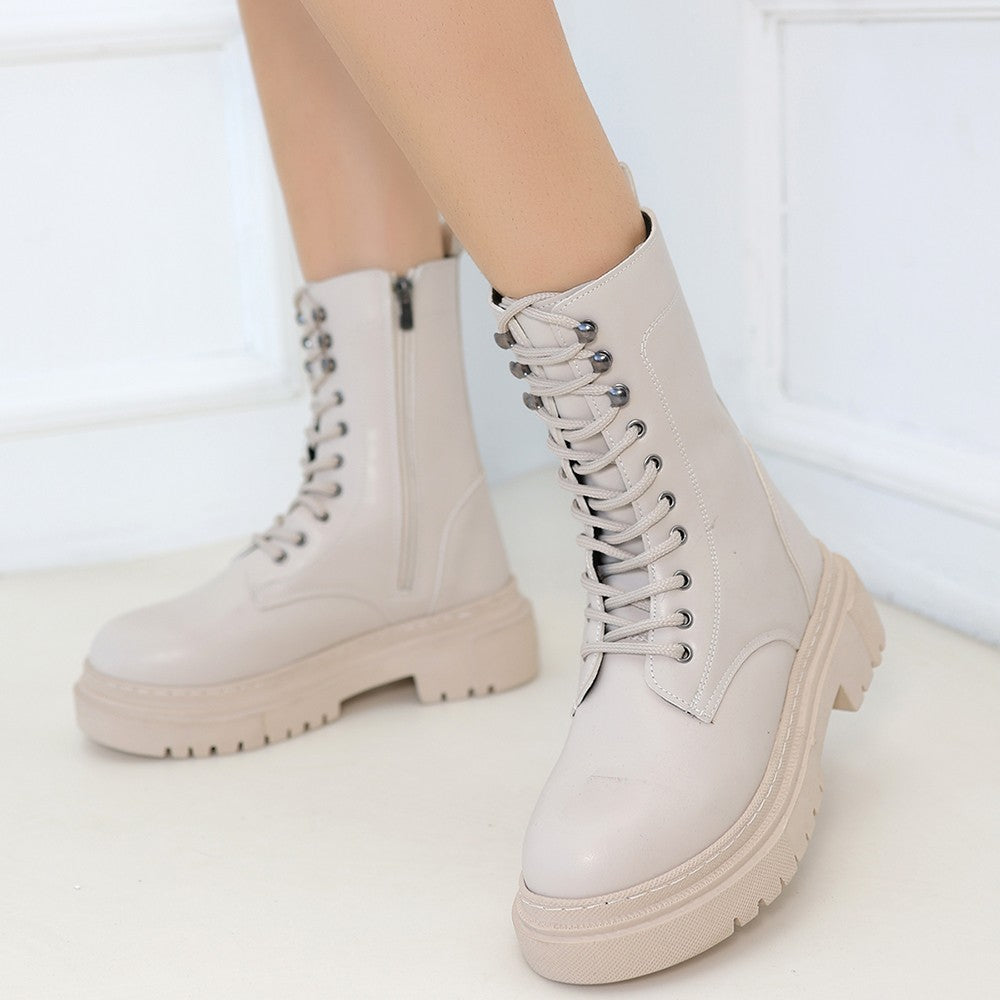 Women's Beige Leather Laced Boots - STREETMODE™