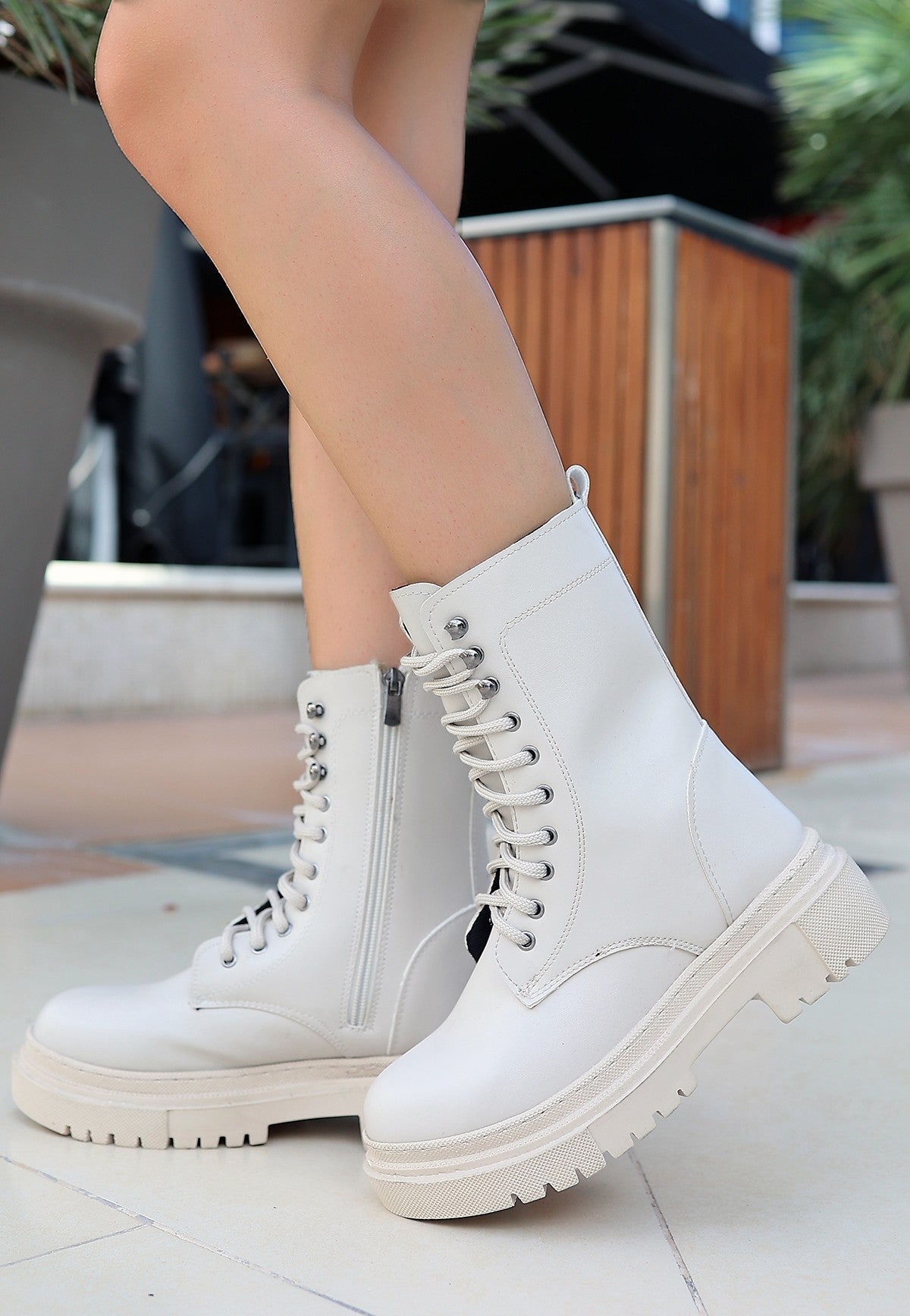 Women's Beige Leather Laced Boots - STREETMODE™