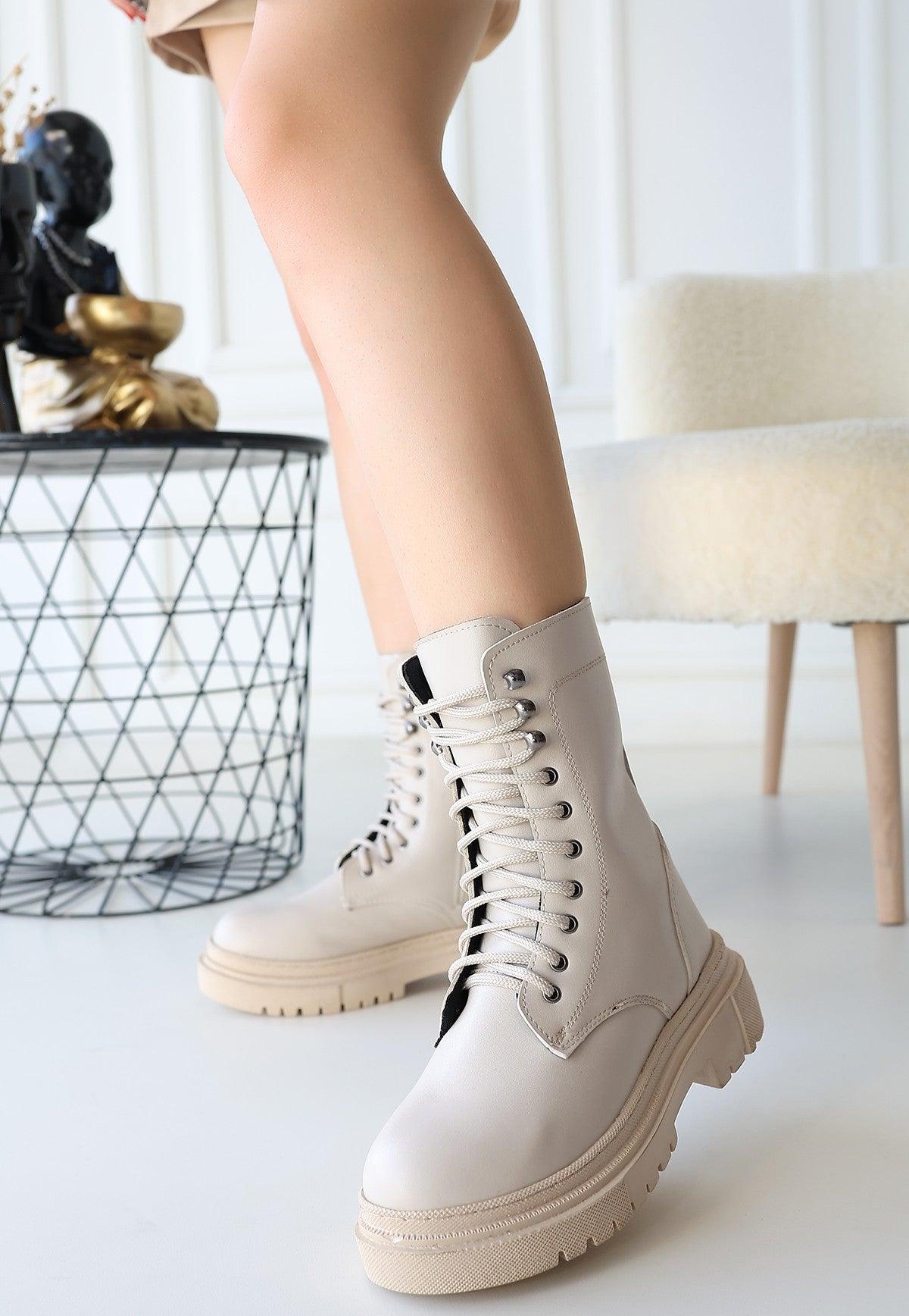 Women's Beige Leather Laced Boots - STREETMODE™