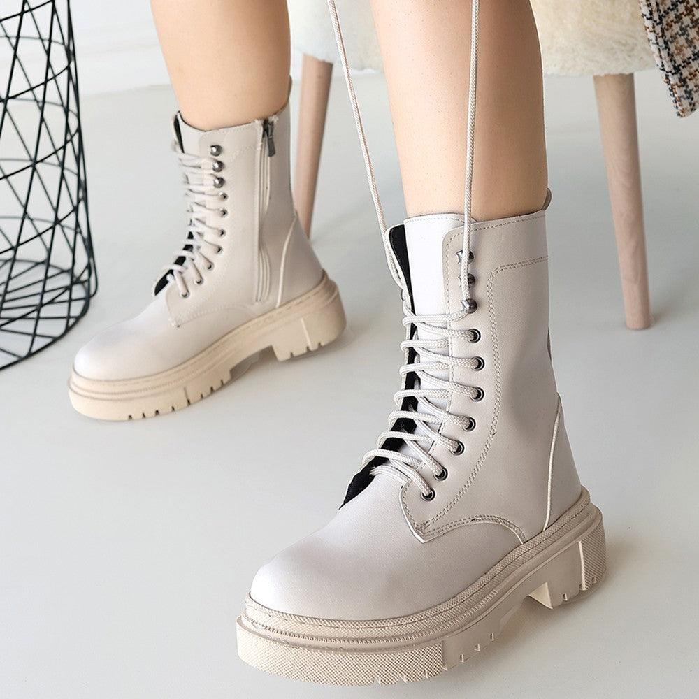 Women's Beige Leather Laced Boots - STREETMODE™