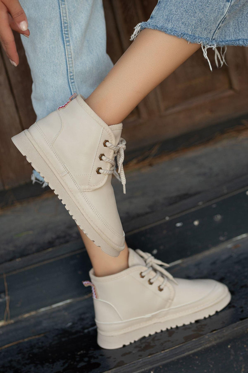 Women's Beige Leather Thick Soled Lace-Up Ankle Boots - STREETMODE™