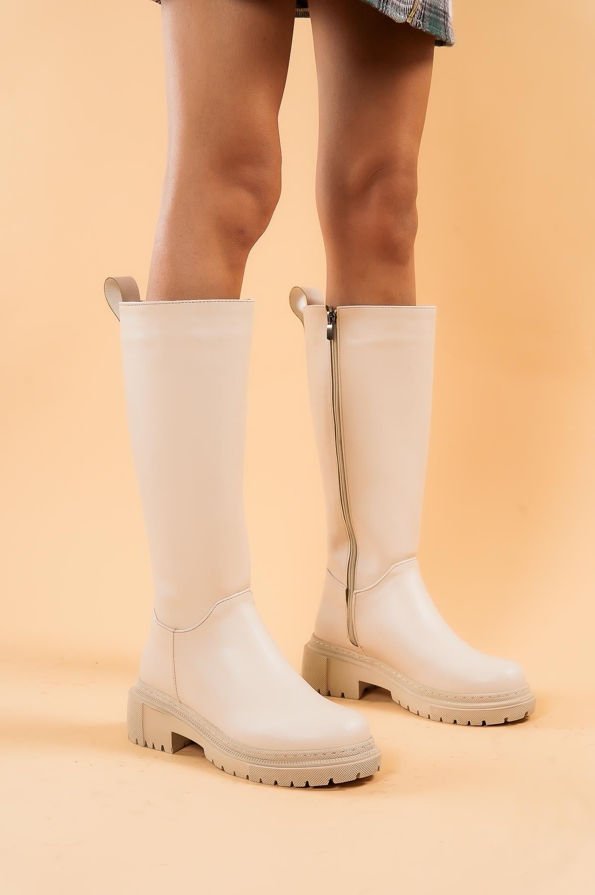 Women's beige low heel zipper leather boots - STREETMODE™