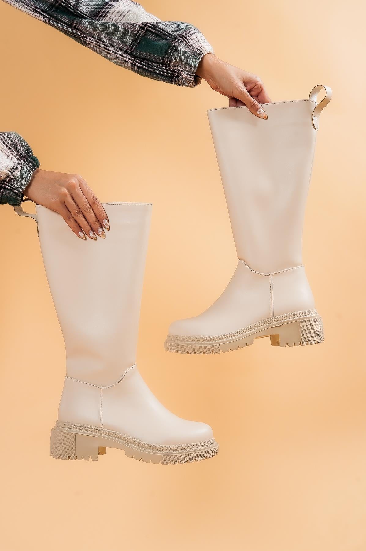 Women's beige low heel zipper leather boots - STREETMODE™