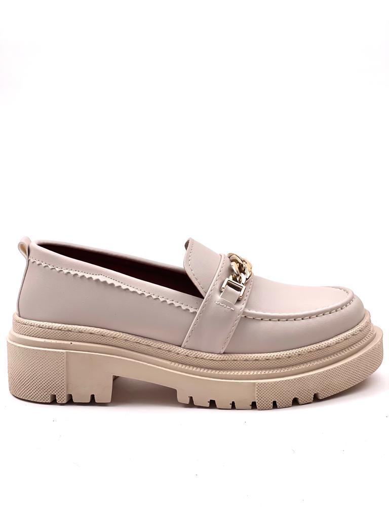 Women's Beige Moxy Skin Poly Orthopedic Comfort Sole Chain Oxford Moccasin High Sole Shoes - STREETMODE™