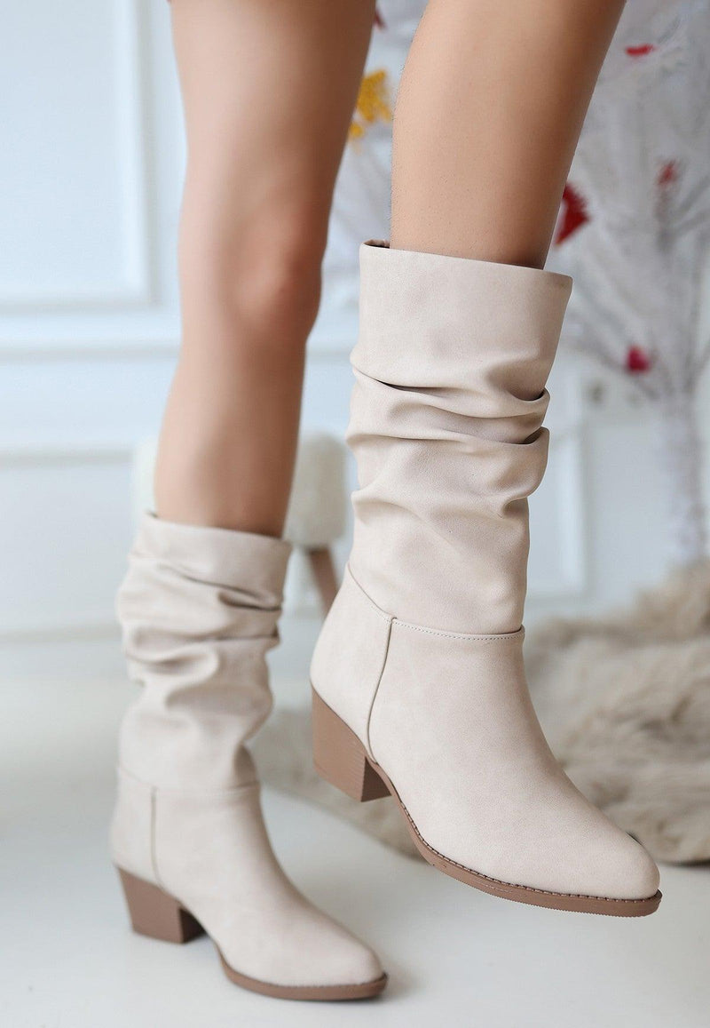 Women's Beige Nubuck Heeled Boots - STREETMODE™