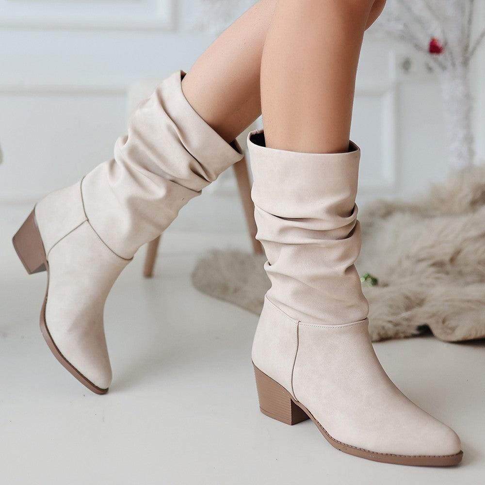 Women's Beige Nubuck Heeled Boots - STREETMODE™