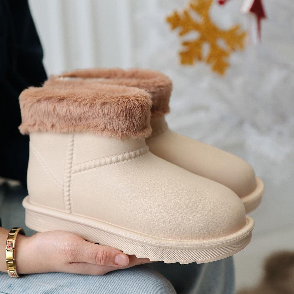 Women's Beige Oval Toe Waterproof Fur Lined Boots - STREETMODE™