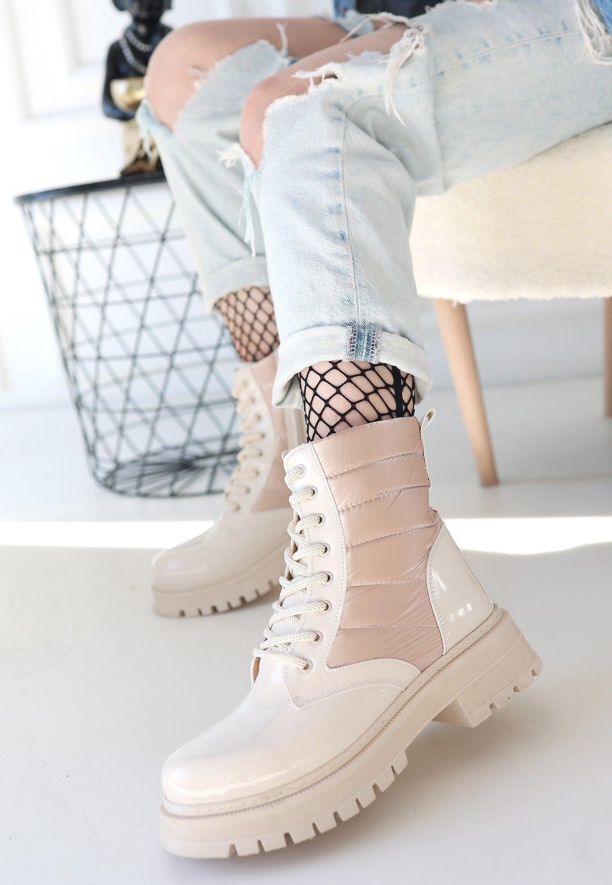 Women's Beige Patent Leather Lace-Up Boots - STREETMODE™