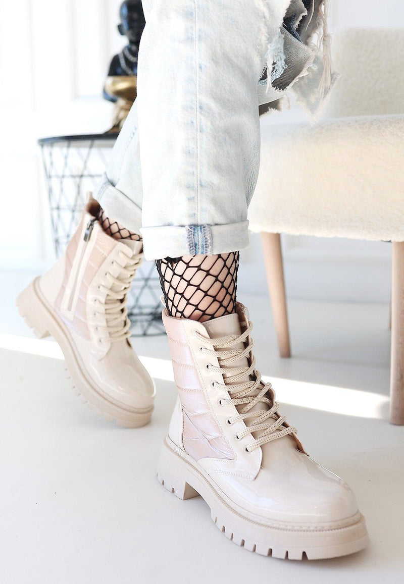 Women's Beige Patent Leather Lace-Up Boots - STREETMODE™