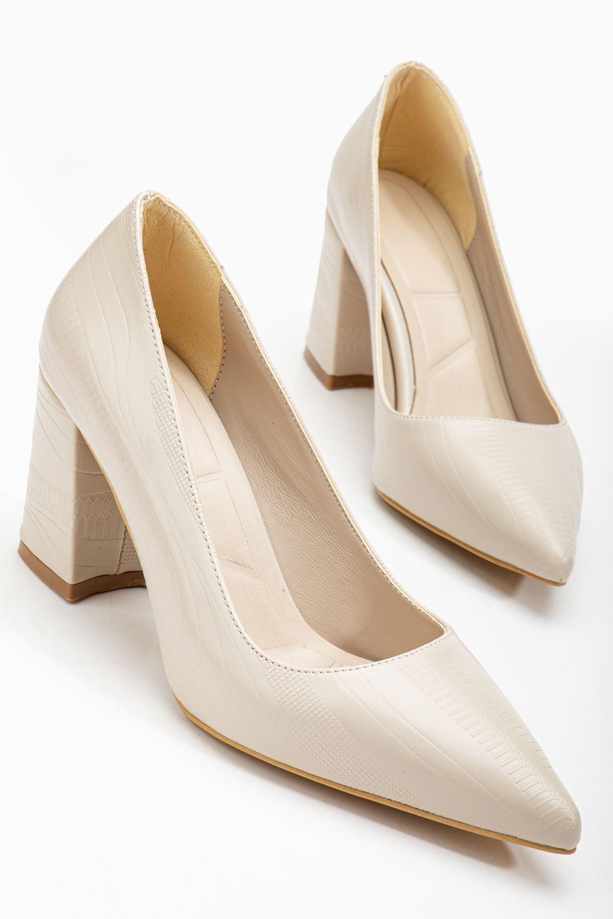 Women's Beige Pointed Toe Detailed Heeled Shoes - STREETMODE™