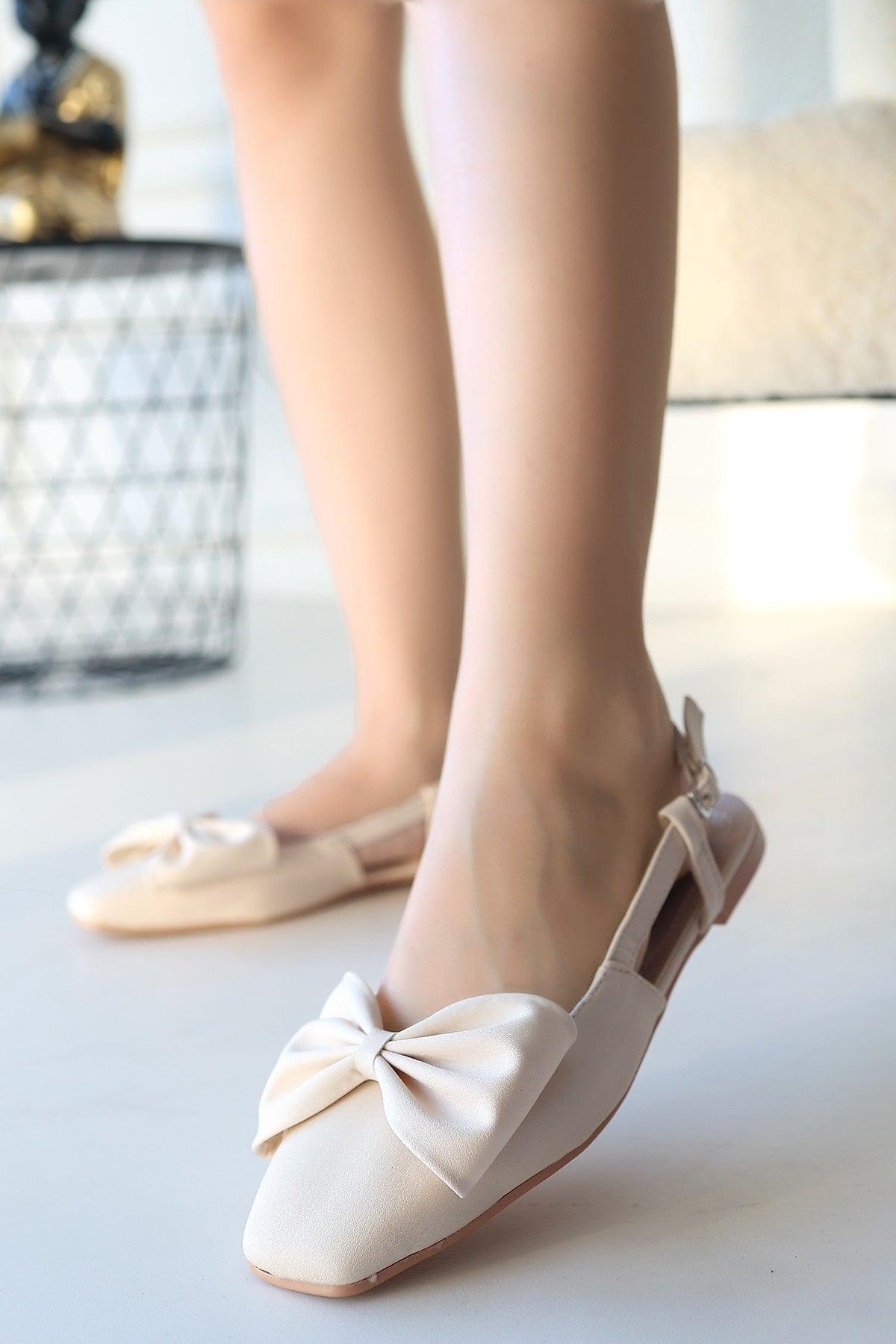 Women's Beige Satin Bowknot Ballerina Shoes - STREETMODE™