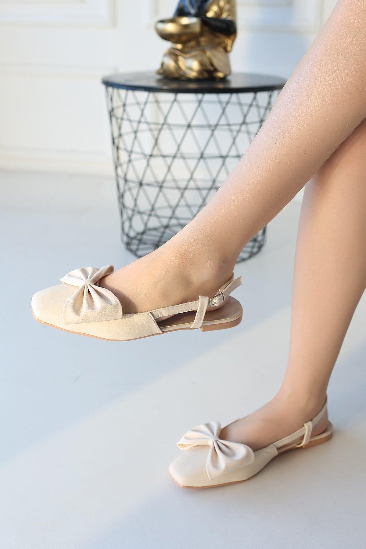 Women's Beige Satin Bowknot Ballerina Shoes - STREETMODE™