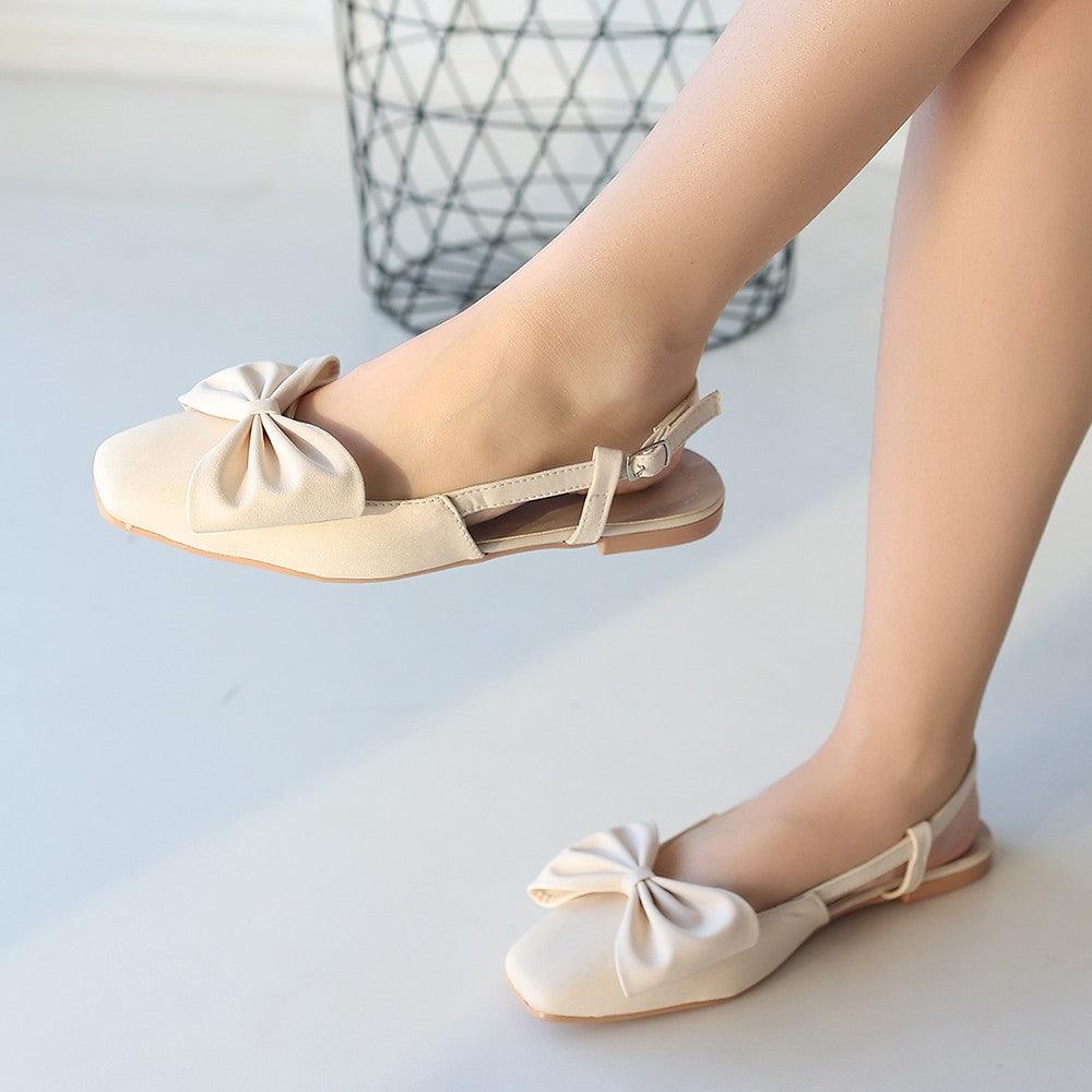 Women's Beige Satin Bowknot Ballerina Shoes - STREETMODE™