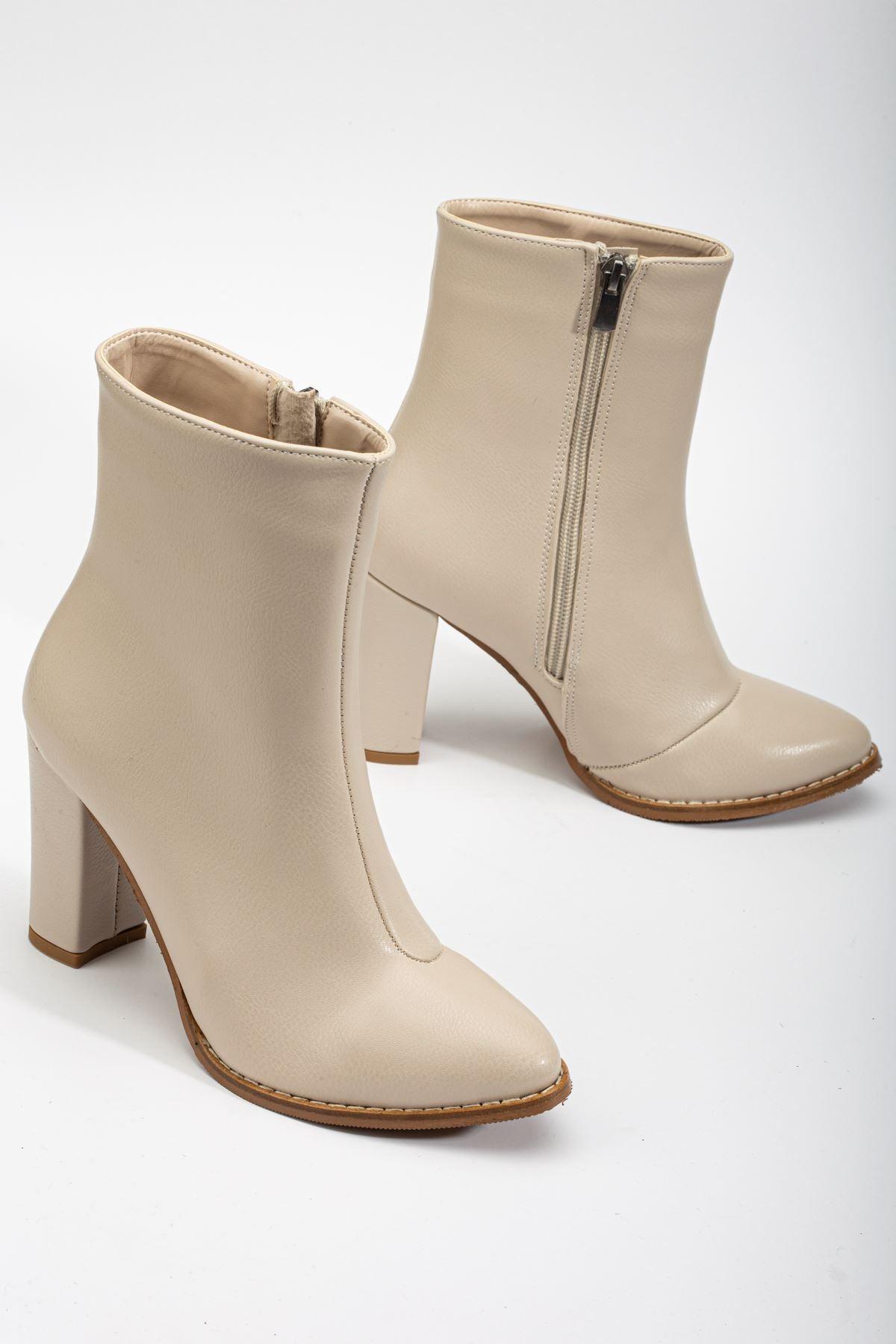 Women's Beige Skin Pointed Toe Zippered Thick Heel Boots - STREETMODE™