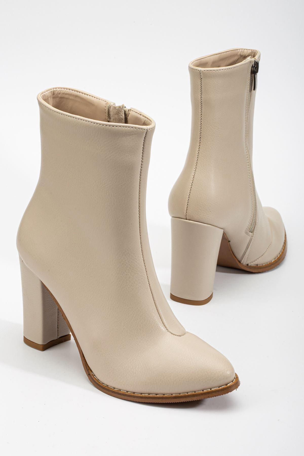 Women's Beige Skin Pointed Toe Zippered Thick Heel Boots - STREETMODE™