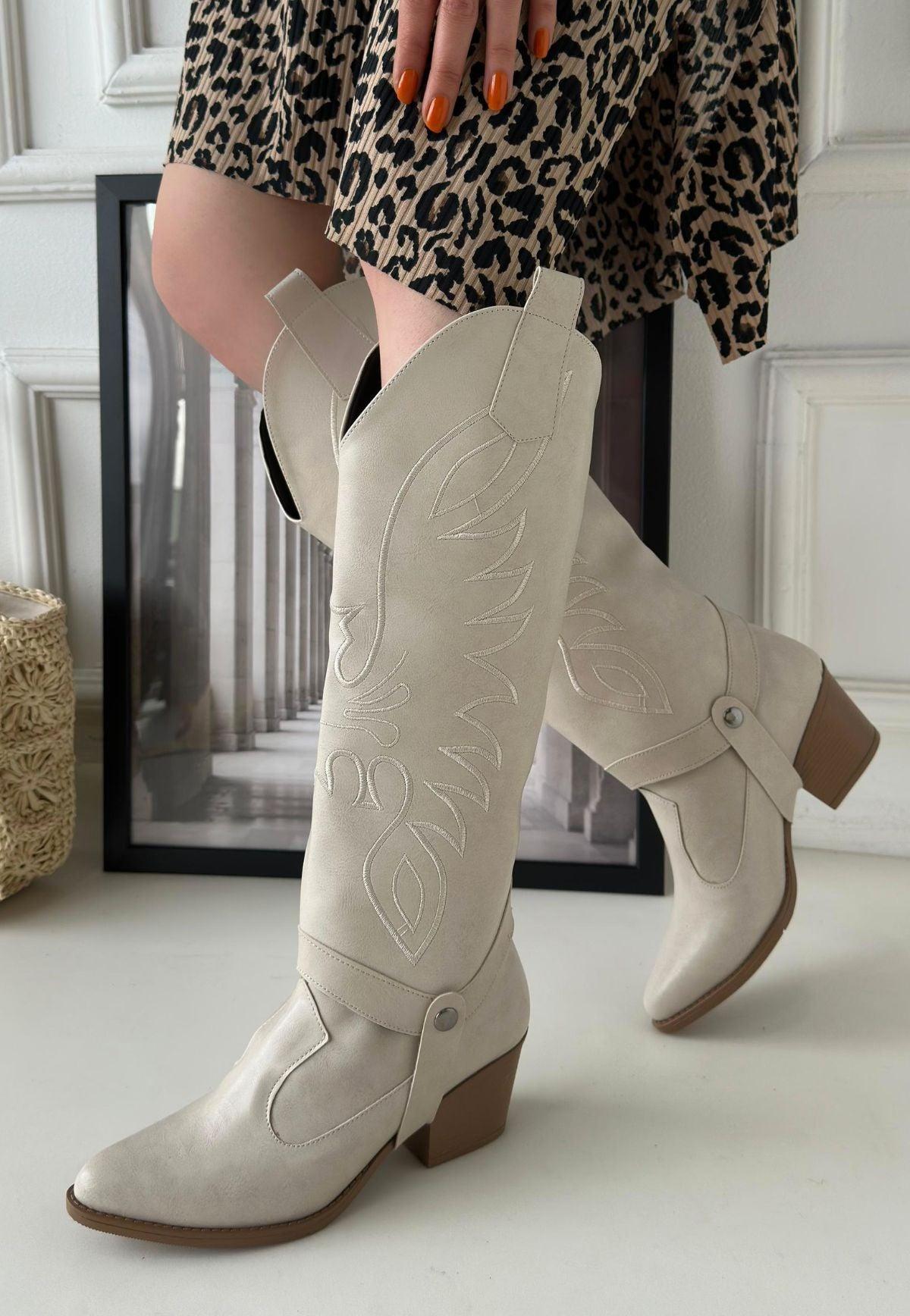 Women's Beige Skin Slip On Heeled Boots And Boots - STREETMODE™